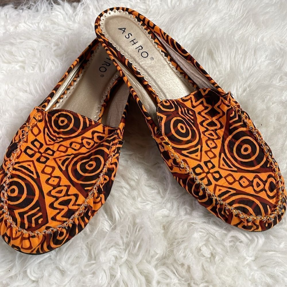 Ashro Ladies African Vibe Slides , Size 12M, Orange and Black Geometric Design